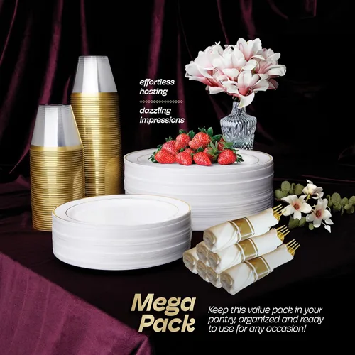 Miniatura 3 de R-kay Juego de vajilla de plástico dorado de 350 piezas para 50 invitados, platos de plástico dorado para fiestas, platos de fiesta y tazas