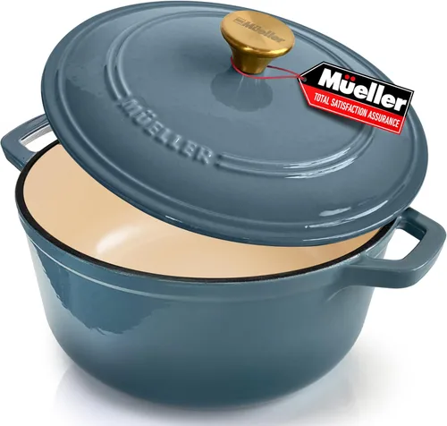 Miniatura 15 de MÜELLERHOME Horno holandés de hierro fundido esmaltado, 6 cuartos de galón, resistente, cazuela con tapa y perilla de acero inoxidable, para todas
