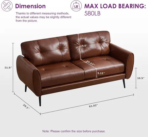 Miniatura 2 de TYBOATLE Sofá Sillón de 61" Loveseat Pequeño Sofás para Sala de Estar Sofá de Cuero Moderno de Mediados de Siglo Acolchado Mini Sofá Cómodo Oficina