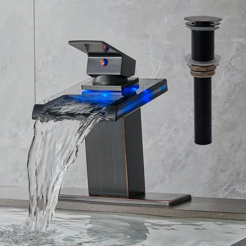 Miniatura 8 de AVSIILE Grifo LED para lavabo de baño, cascada cromada, mango de un solo agujero, 1 agujero con drenaje desplegable de metal y 2 líneas de Cromo