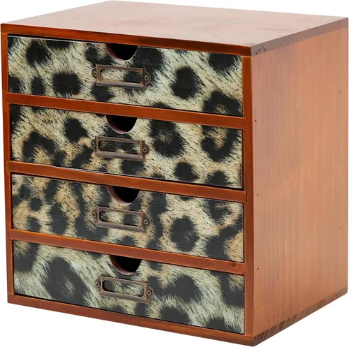 Organizador de escritorio de madera con estampado de leopardo clásico - Almacenamiento de escritorio de 4 cajones - Gabinete de madera rústico para