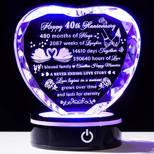 Miniatura 12 de YWHL Regalos de corazón de cristal para parejas con base LED, grabado con láser, regalo de recuerdo de feliz décimo aniversario para esposa, marido