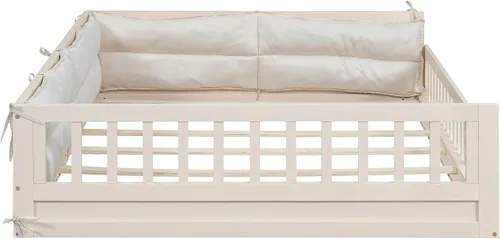 Miniatura 8 de Cama de plataforma de tamaño matrimonial con valla, plataforma tapizada de madera con barandilla y almohada, color beige