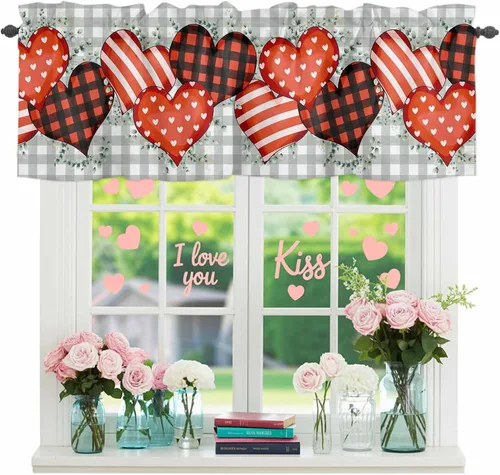 Miniatura 13 de Cenefa floral para ventanas, cortinas de clavel rojo y rosa, cenefas con bolsillo para barra, cenefa de ventana para primavera, vacaciones, día