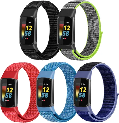 Miniatura 9 de Correas de reloj de nailon compatibles con Fitbit Charge 6/Charge 5, paquete de 5 correas de repuesto ajustables suaves y transpirables para Charge