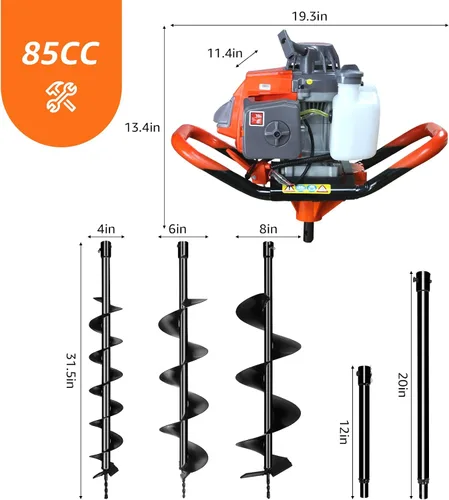 Miniatura 3 de Excavadora de agujeros de poste de gas de 2 tiempos de 85 CC con brocas de taladro de 4 y 6 pulgadas y 8 pulgadas + varilla de extensión de 12 y 20