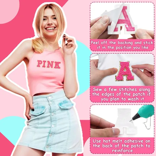 Miniatura 2 de 6 piezas de parches de letras de chenilla autoadhesivas con purpurina para planchar, parches de letras universitarias estilo preppy, letras difusas
