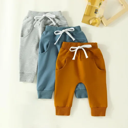 Miniatura 2 de Pantalones de otoño para bebé, paquete de 3 unidades, pantalones deportivos casuales de color sólido, con bolsillo y cintura elástica, pantalones