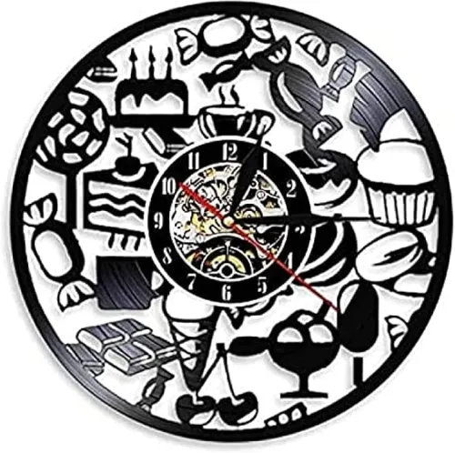 Reloj de pared con disco de vinilo de chocolate con caramelo y helado, reloj de pared con luz LED, reloj vintage con decoración de tienda de