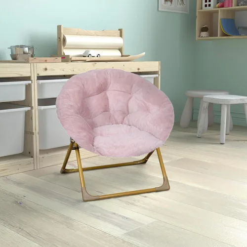 Miniatura 2 de Flash Furniture Silla Mini Plegable y Acogedora Gwen para Niños - Silla Lunar de Pelo Sintético Color Rosa Claro - Estructura de Metal Dorado Suave