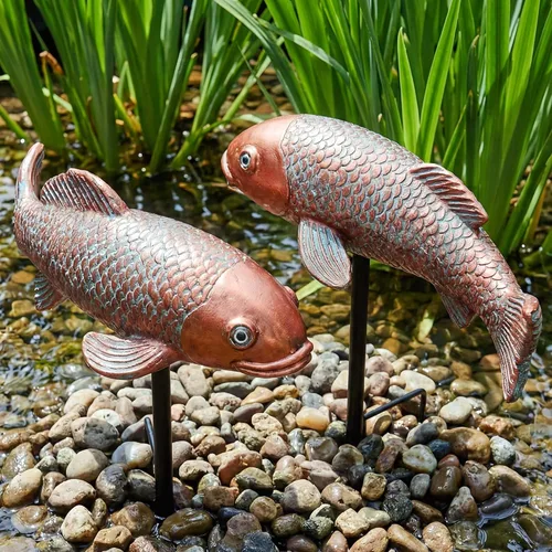 Miniatura 3 de Juego de 2 estatuas antiguas de Koi, escultura de jardín de peces reales de resina, elegante decoración de estanque de peces vivos para patio, Rojo