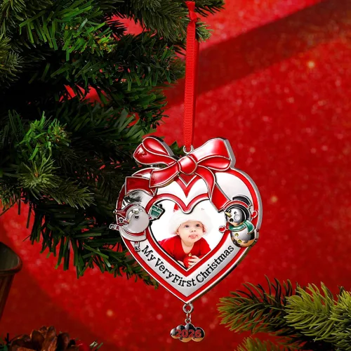 Miniatura 5 de Yookeer Primer adorno de fotos de Navidad del bebé 2025, marco de fotos de Navidad para el primer recuerdo del bebé recién nacido (1 unidad, corazón)