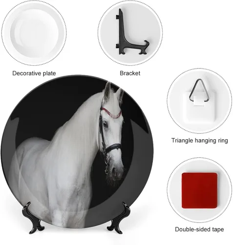 Miniatura 3 de Plato decorativo de 6 pulgadas, plato de porcelana de caballo, caballo blanco sobre fondo negro, placa de exhibición de cerámica para adornos