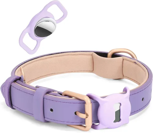 Miniatura 12 de Airtag - Collar de cuero para perro pequeño, mediano y grande, ajustable, suave, acolchado, collar de cachorro, collar de hebilla de metal Rosa