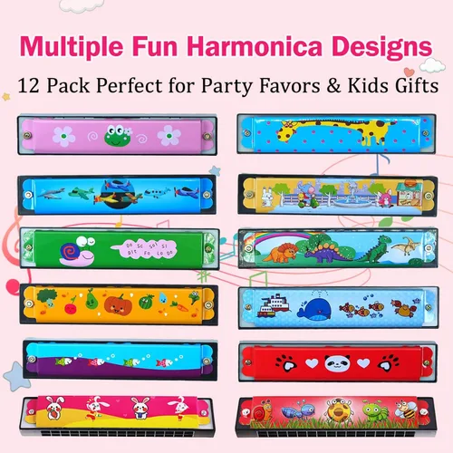 Miniatura 4 de 12 piezas de armónicas para niños a granel Juguetes de instrumentos musicales de 16 agujeros para regalos de fiesta de cumpleaños, rellenos