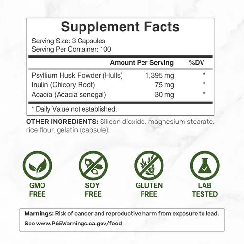 Miniatura 2 de Cáscara de psyllium 1500mg por porción, 300 cápsulas – Suplemento de fibra 3 en 1 con complejo de inulina y acacia – Fibra soluble natural, apoya