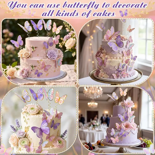 Miniatura 5 de Outus 120 piezas de mariposas 3D para decoración de pasteles, decoración de pasteles, morado, rosa, dorado, para mujeres, cumpleaños, boda, fiesta