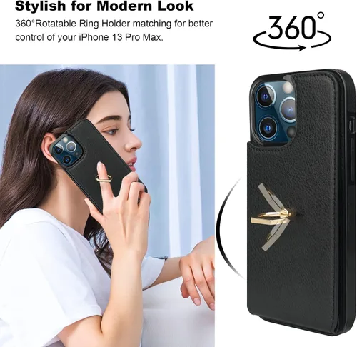 Miniatura 3 de Folosu Funda compatible con iPhone 13 Pro Max con soporte para tarjetas, rotación de 360°, soporte de anillo de dedo con función atril, protección