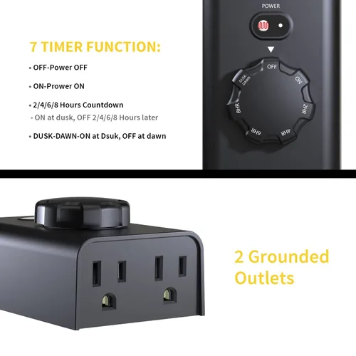 Miniatura 2 de Minoston Temporizador para Exteriores Paquete de 2, Enchufe de Anochecer a Amanecer con 2 Enchufes con Conexión a Tierra, Configuraciones de 2-8