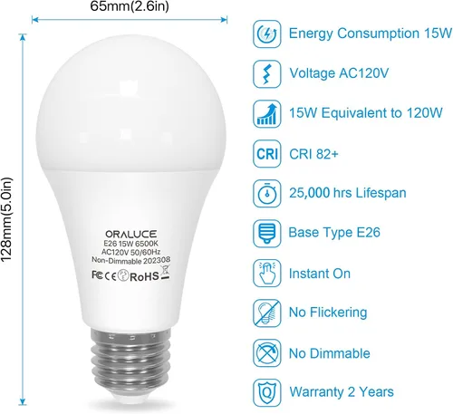 Miniatura 2 de ORALUCE Bombillas LED de 100 W, equivalente a 120 W, 15 W, 1600 lúmenes, 6500 K, luz blanca fría, base media E26, no regulable, certificación UL