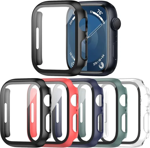 Paquete de 5 fundas con protector de pantalla de vidrio templado para Apple Watch Series 9 8 7 de 45 mm, cubierta protectora ultrafina y delgada de