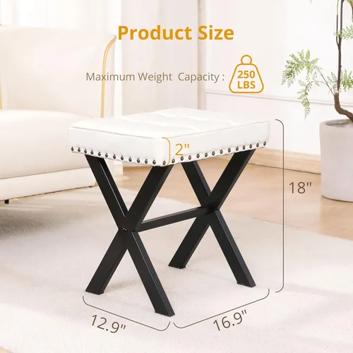 Miniatura 2 de LUE BONA Taburete de tocador blanco, asiento cuadrado de piel sintética con patas en X de metal, pequeña silla otomana para sala de maquillaje, sala