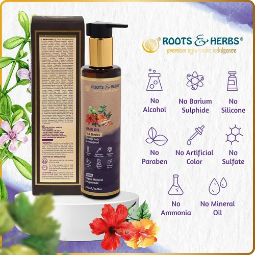 Miniatura 9 de ROOTS AND HERBS Aceite ayurvédico – 49 hierbas con bhringraj, flor de hibisco, brahmi, jatamansi y trifala para cabello más fuerte, liso, ondulado