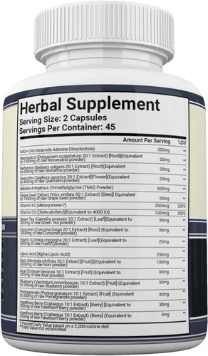 Miniatura 2 de Suplemento NAD+ 18 en 1 con resveratrol berberina quercetina fisetina ácido lipoico curcumina Vitamina D3 K2 para energía celular Apoyo