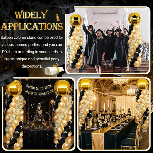 Miniatura 6 de Juego de 2 soportes de columna de globos de graduación dorados y negros para la clase de 2026, torre de arco de globos de suelo ajustable con globos