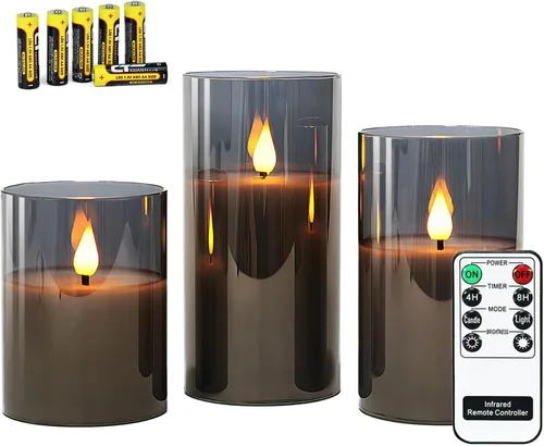 Rhytsing Velas LED de cristal gris operadas por baterías con control remoto, juego de regalo de vela sin llama, luz blanca cálida - Incluye 6 pilas