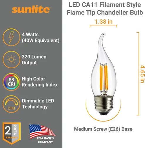 Miniatura 2 de Sunlite 80449 Bombilla LED CA11 de filamento de luz de araña con punta de llama, 4 vatios (equivalente a 40 W), base E26 media, regulable