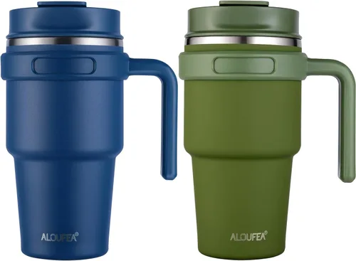 Miniatura 16 de Taza/vaso de café aislado de 20 onzas con asa, vaso de viaje de acero inoxidable con tapa y popote, vaso de doble pared con aislamiento al vacío a