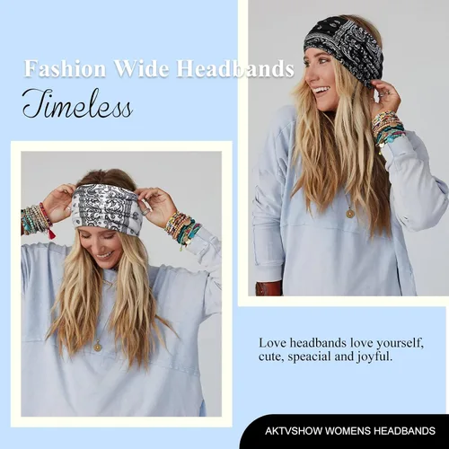Miniatura 5 de AKTVSHOW Diademas tipo bandana de 7 pulgadas de ancho para mujer, diademas turbantes de cachemira de moda para cabello grueso, antideslizantes