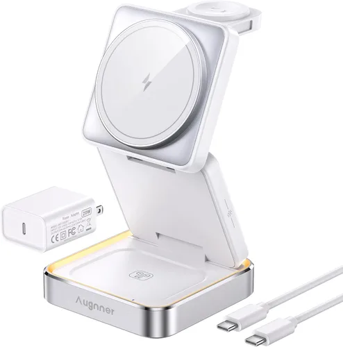 【Actualizado 2026】Cargador inalámbrico 3 en 1, estación de carga inalámbrica plegable con luz para cargador magnético de Apple, cargador magnético