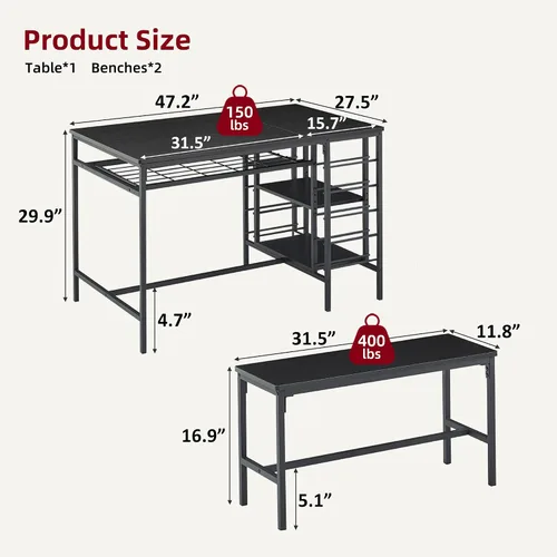 Miniatura 2 de IDEALHOUSE Juego de mesa de comedor para 4, juego de mesa de cocina para 4 con 2 bancos, juego de mesa de comedor rectangular con estante para Negro