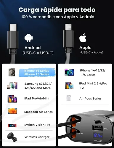 Miniatura 6 de SUPERONE - Cargador retráctil para automóvil 4 en 1, cargador de teléfono rápido para automóvil con cable de 2.6 pies, USB C y adaptador