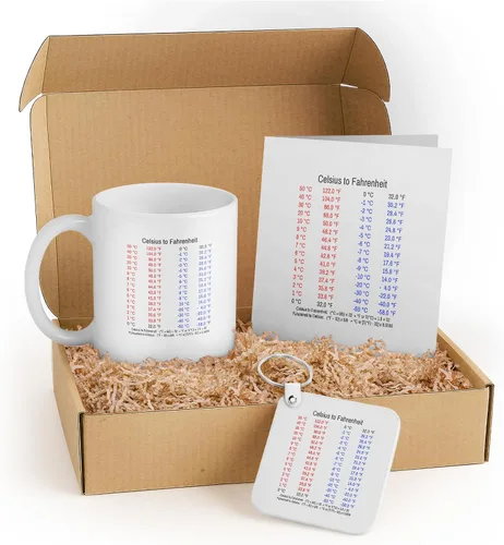 3dRose Juego de regalo de conversión de Celsius a Fahrenheit con taza, llavero y tabla de temperatura para profesores, estudiantes y amantes de la