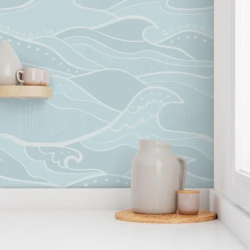 Miniatura 8 de Spoonflower Papel tapiz para despegar y pegar - Ondas Mar Luz Verde Azul Océano Náutico Surf Beach House Papel pintado extraíble personalizado