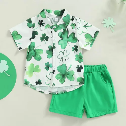 Miniatura 2 de Conjunto de 2 piezas de camiseta de manga corta con botones y pantalones cortos sólidos para bebé niño
