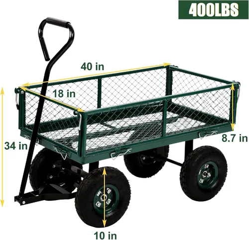 Miniatura 7 de Carrito de jardín de acero resistente, carrito utilitario para patio, carrito utilitario para césped al aire libre con lados extraíbles y ruedas