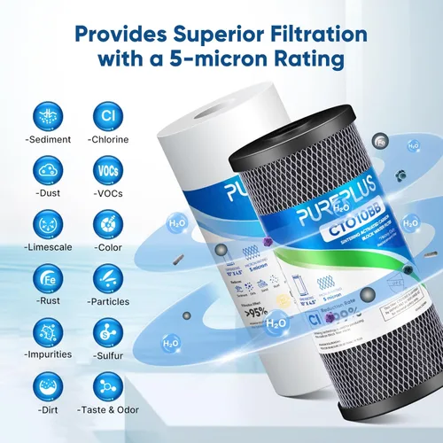 Miniatura 4 de PUREPLUS Combo de filtro de agua para toda la casa de 5 micrones, de 4.5 x 10 pulgadas, con sedimentos y filtro de bloque de carbón activado