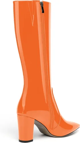 Miniatura 12 de AMBELIGHT Botas altas hasta la rodilla con cremallera y puntera puntiaguda para mujer, de patente sólida, tacón alto, 3.3 pulgadas