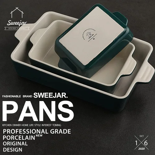 Miniatura 2 de Sweejar - Juego de utensilios de cerámica para hornear, moldes rectangulares para lasaña para cocinar, cocina, cena de pasteles, banquetes y uso Jade