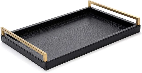 Bandeja otomana de cuero de 17.8 x 11.8 pulgadas, bandeja grande para servir con asas doradas cepilladas para bares, fiestas, comedor, bandeja