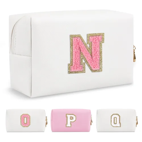 Miniatura 146 de Pequeña bolsa de maquillaje personalizada con inicial A-Z Preppy Patch, bolsa de cosméticos de viaje de felpilla blanca con cremallera, bonita bolsa