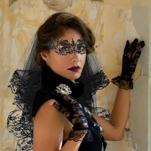 Miniatura 4 de Velo de encaje negro de Halloween, velo de boda con peine guantes de encaje negro y máscara de ojos para mujer, regalo de Halloween, juego