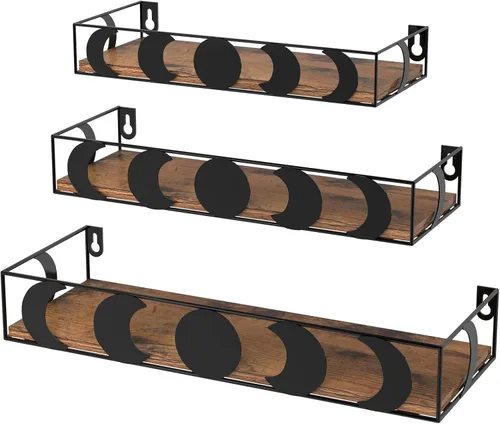 Miniatura 9 de Estantes de pared de fase lunar negro y plateado, paquete de 3 estantes flotantes pequeños para plantas de libros para dormitorio, habitación
