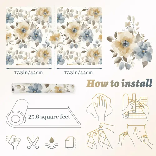 Miniatura 3 de Papel tapiz floral para despegar y pegar, papel de contacto bohemio de 17.3 x 197 pulgadas, papel de contacto bohemio grande para dormitorio, flores
