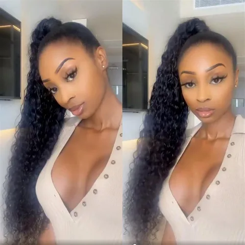 Miniatura 7 de Extensiones de cabello rizado con cola de caballo de 12 a 26 pulgadas, extensiones de cabello real con cola de caballo rizada, para mujeres negras