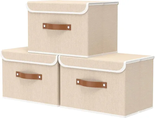 Miniatura 16 de OUTBROS Caja de almacenamiento plegable grande con tapa, organizador de armario de tela de lino, contenedores para toallas, ropa, 15 x 9.8 x 9.8